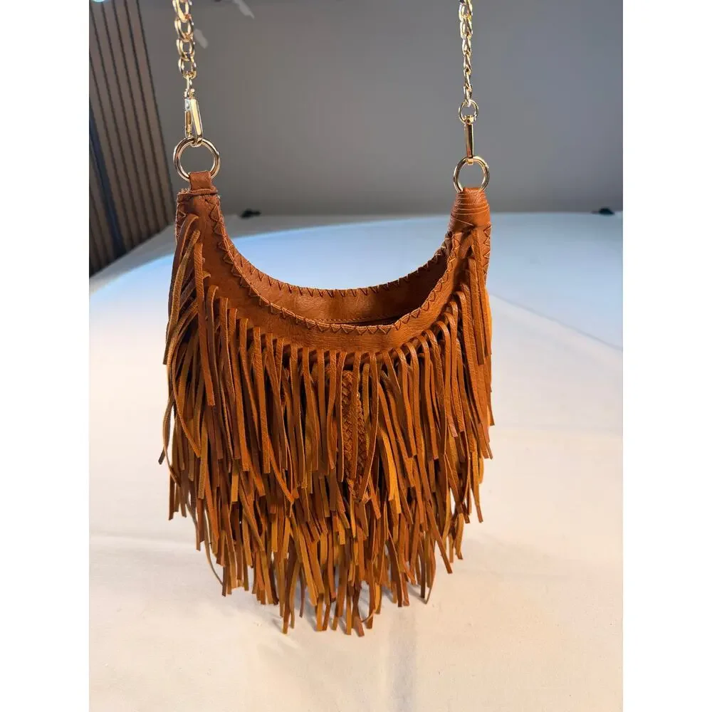 Faux Suede Fringe Tassel Crossbody Bag Chain Strap Boho Purse NWOT